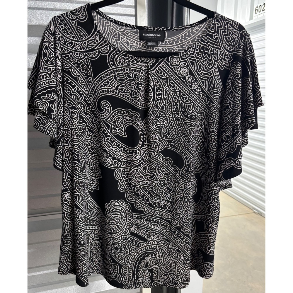 Liz Claiborne Career Womens Large Black White Paisley Flutter Sleeve Blouse Top